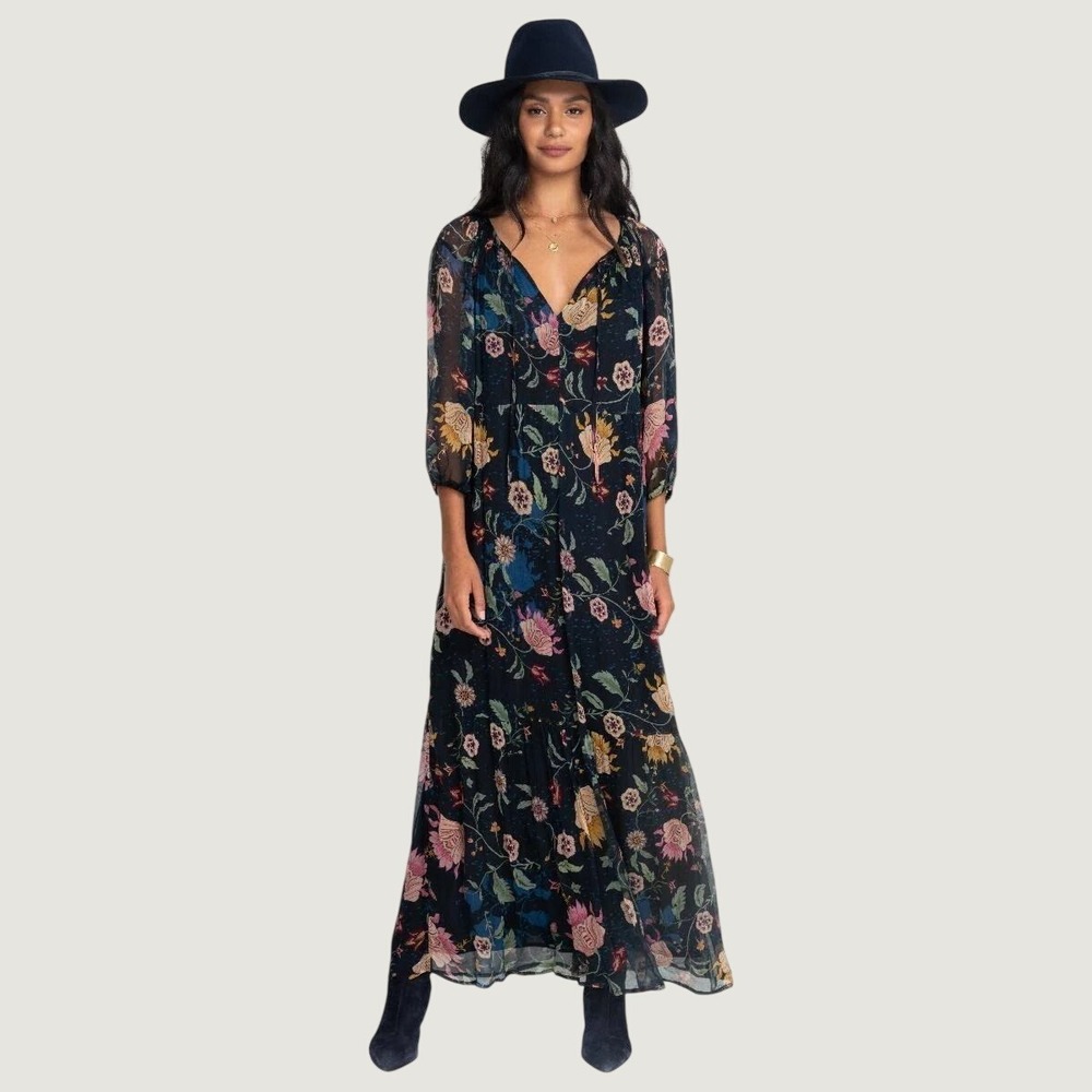 Johnny Was Tauri Maxi Dress XS Multi Floral Silk Sheer Balloon Sleeve Boho